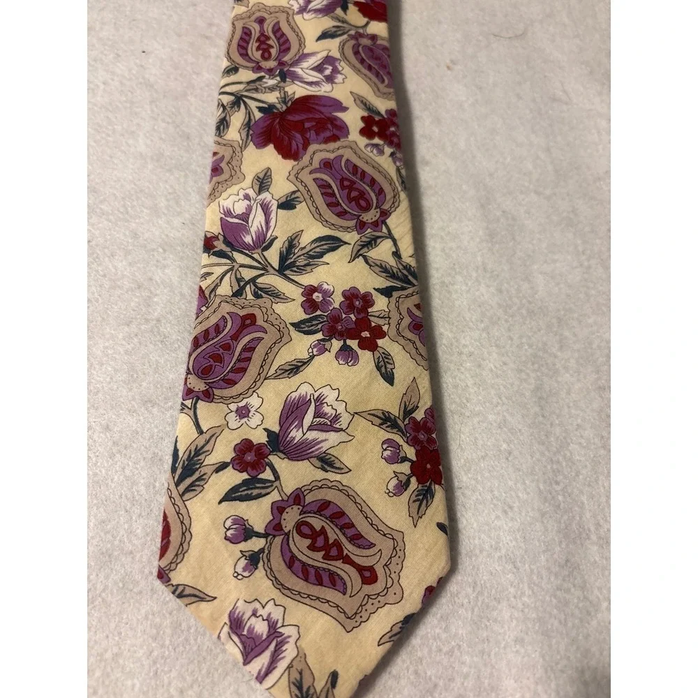 Lands End Floral Necktie Mens OS Tan‎ Purple Excellent 100% Cotton USA Hand Sewn